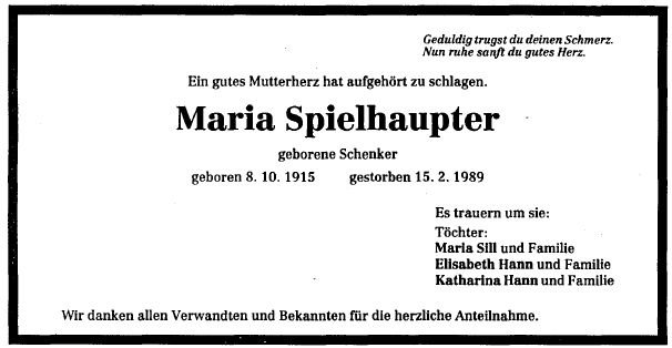 Schenker Maria 1915-1989 Todesanzeige